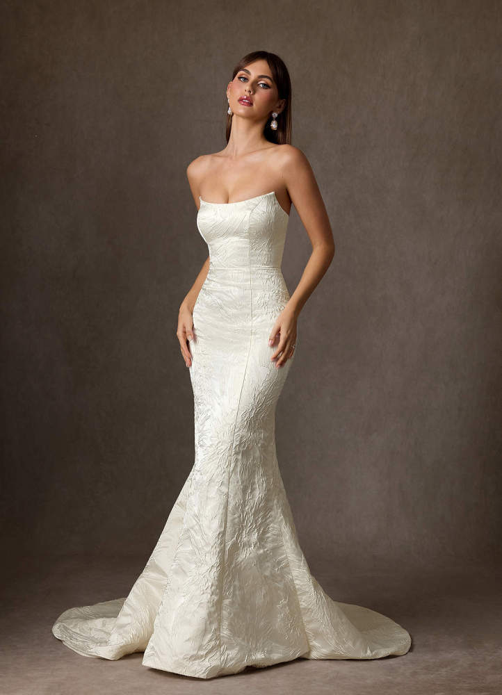 elyessen Serephina Diamond White Mermaid Strapless Floral Jacquard Dress
