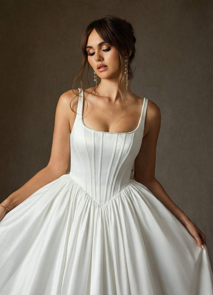 elyessen Cyanne Stretch Diamond White Ball-Gown with Pockets Stretch Satin Dress