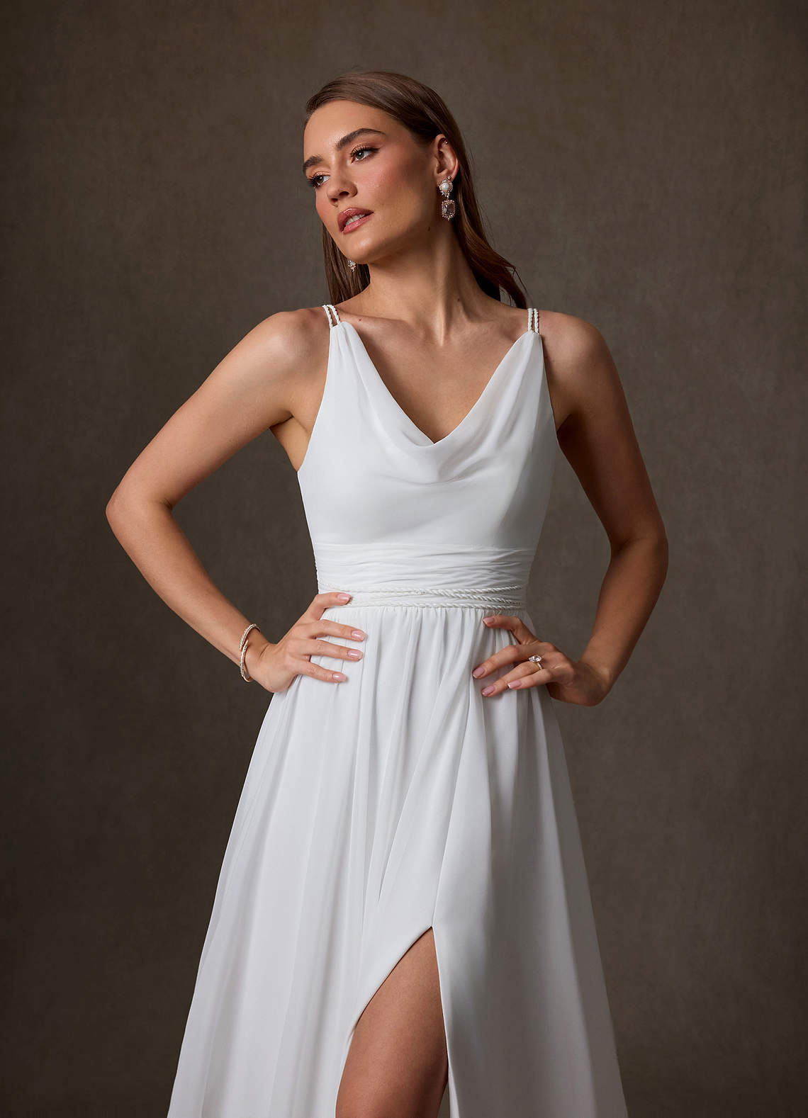 elyessen Neema Diamond White A-Line Side Slit Chiffon Dress