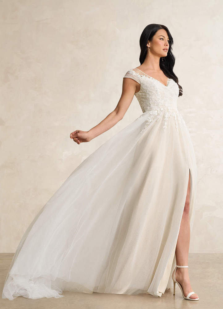 elyessen Bellisima Diamond White A-Line V-Neck Tulle Dress