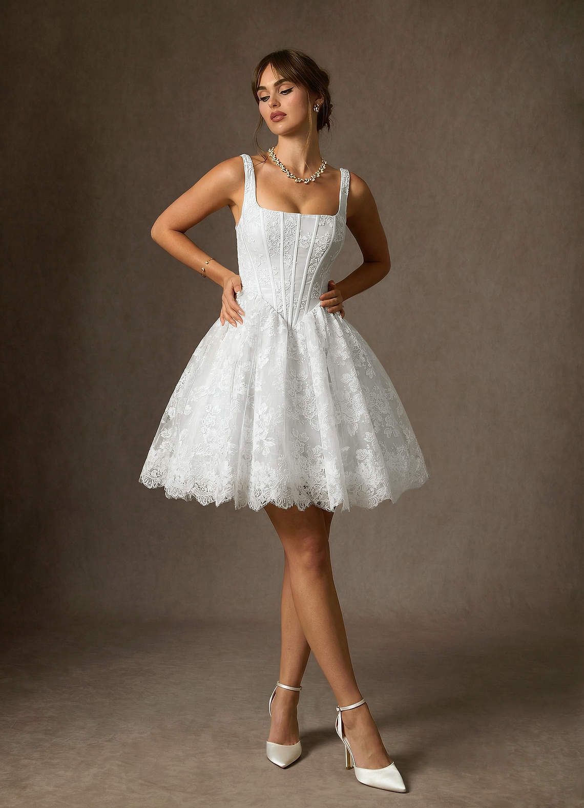 elyessen Nolicia Diamond White Ball-Gown Square Neckline Lace Dress