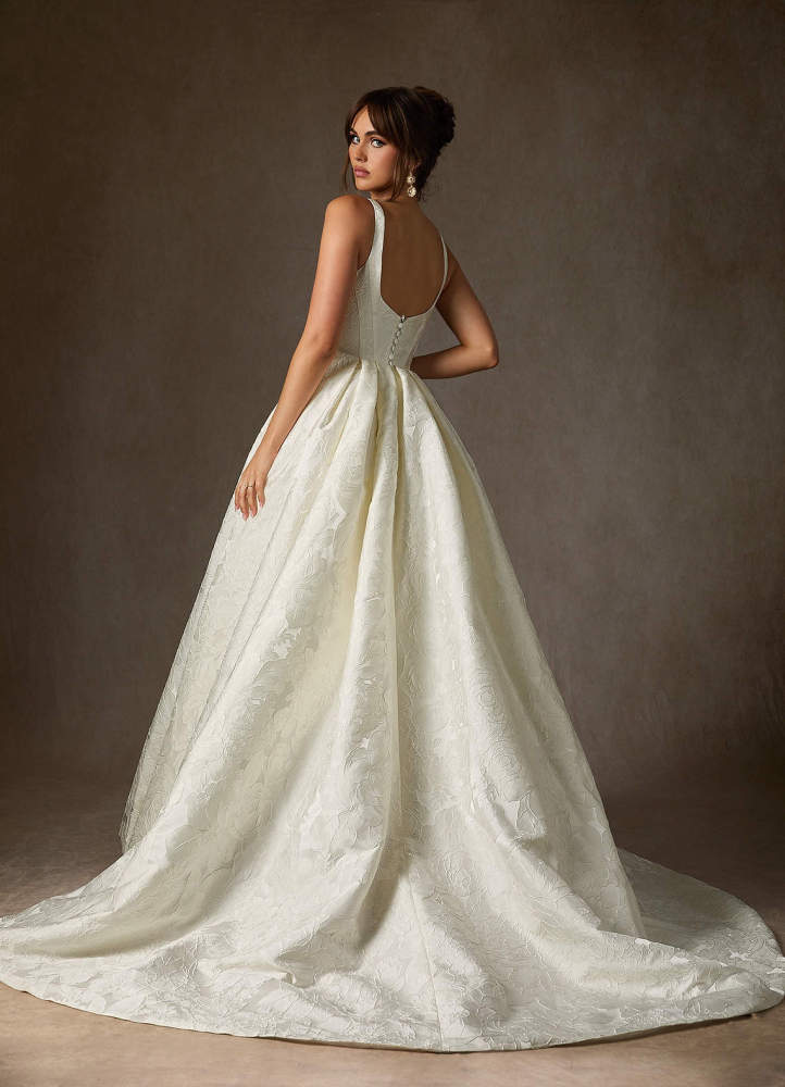 elyessen Ruby Antique White Ball-Gown with Pockets Floral Jacquard Dress