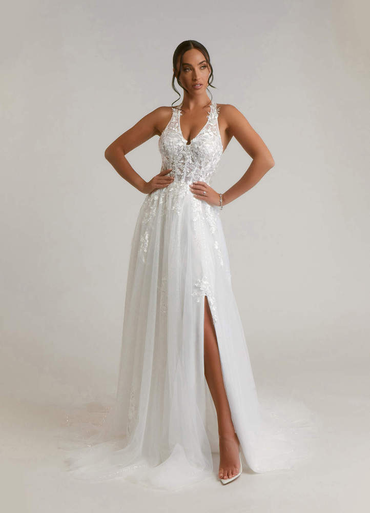 elyessen Dysis Diamond White A-Line Halter Sequins Tulle Dress