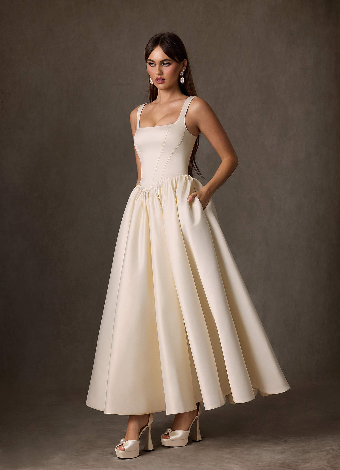 elyessen  Diamond White A-Line with Pockets Satin Dress