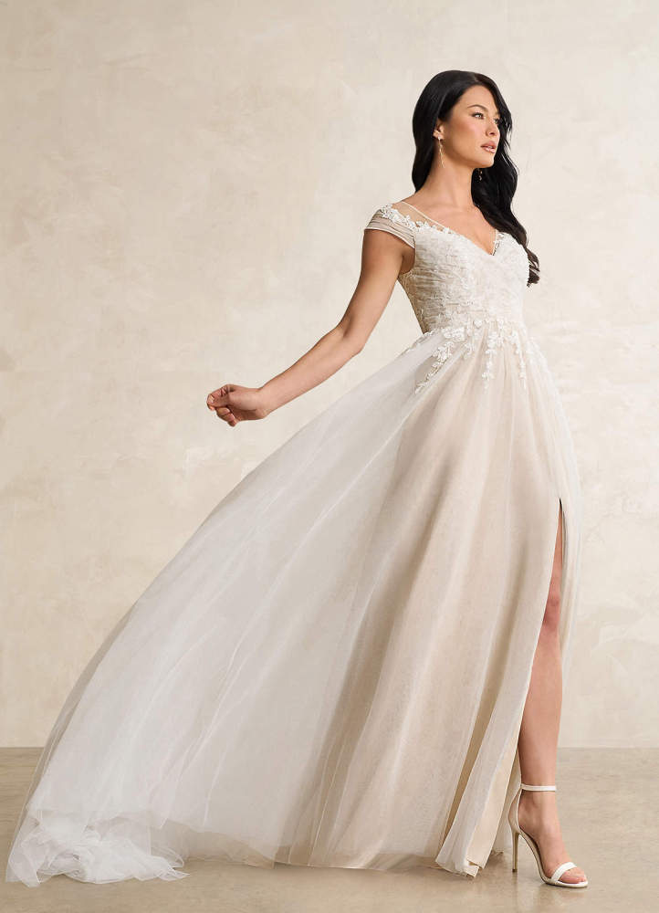 elyessen  Diamond White A-Line V-Neck Tulle Dress