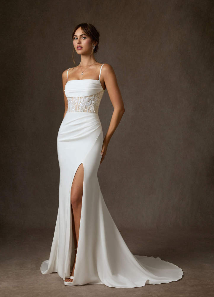 elyessen  Diamond White Mermaid Off the Shoulder Crepe Back Satin Dress