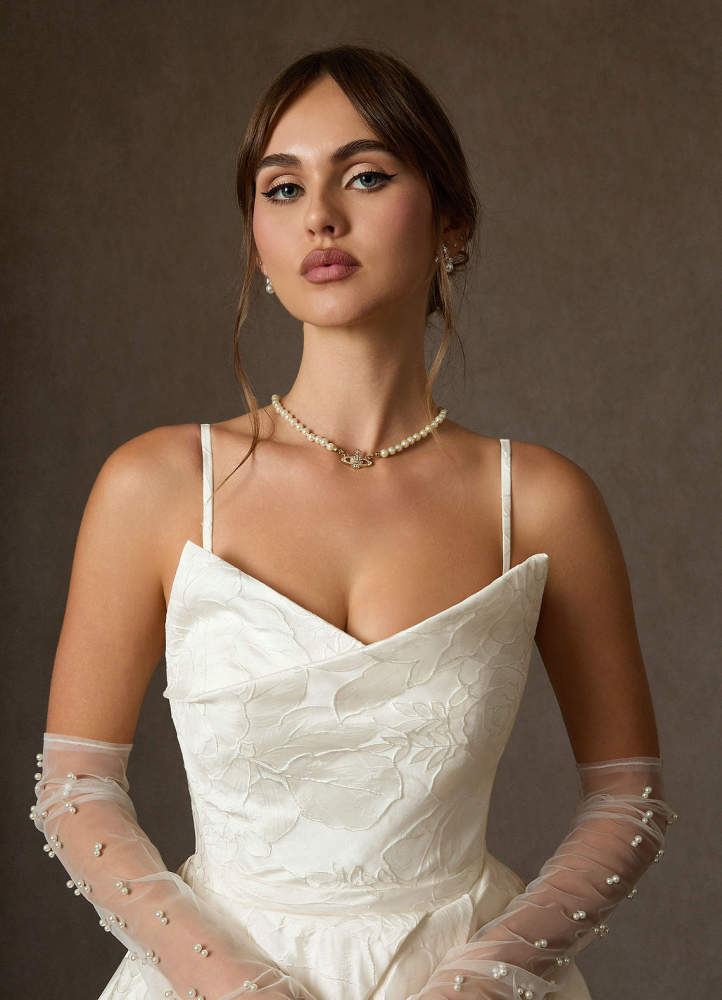 elyessen Allira Antique White Ball-Gown Strapless Floral Jacquard Dress