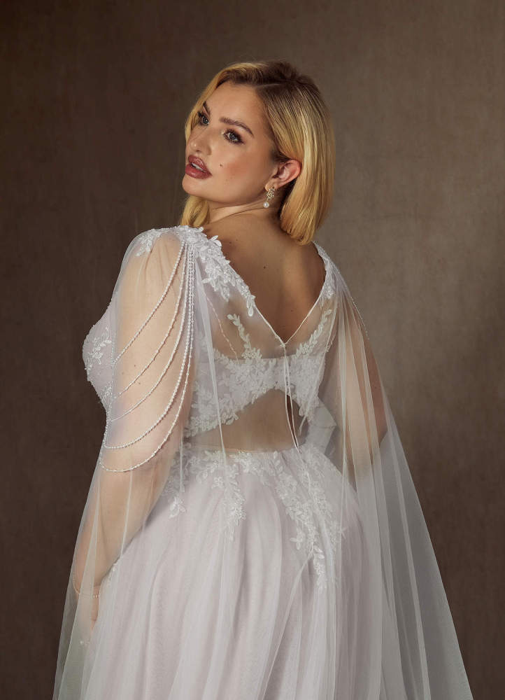 elyessen Goddess Two-Piece Diamond White A-Line V-Neck Sequins Tulle Dress