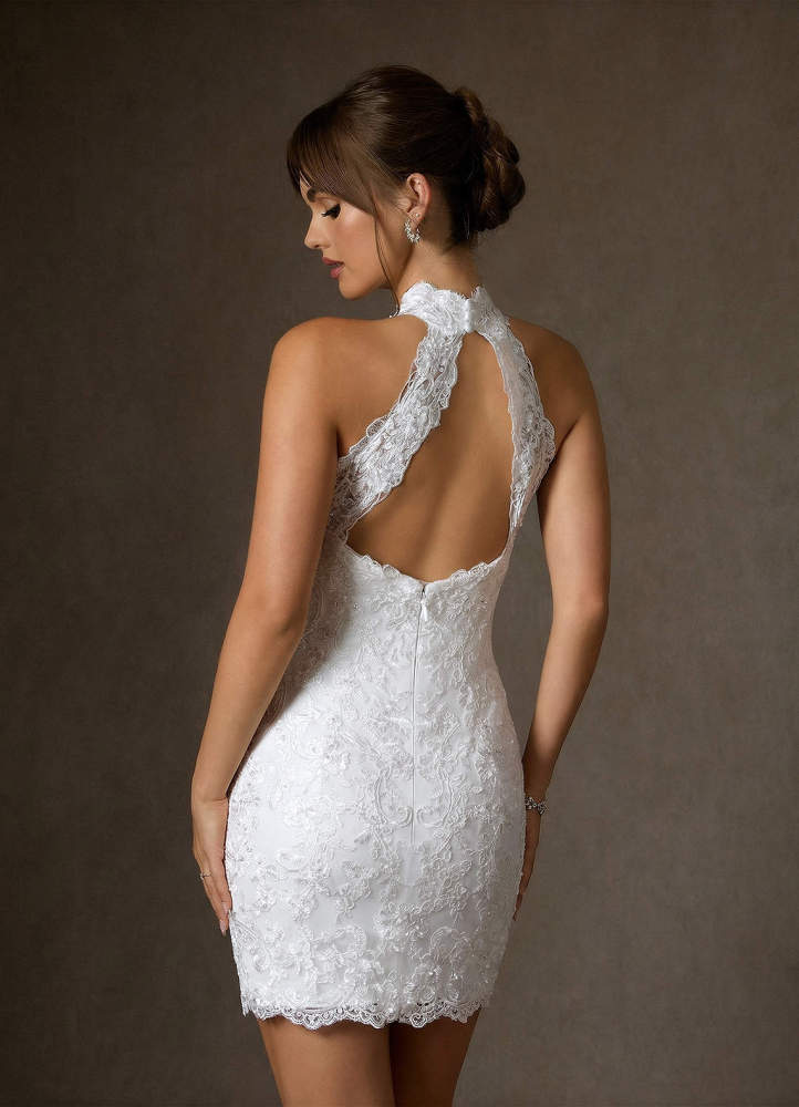 elyessen Eden Diamond White Sheath High Neck Lace Dress