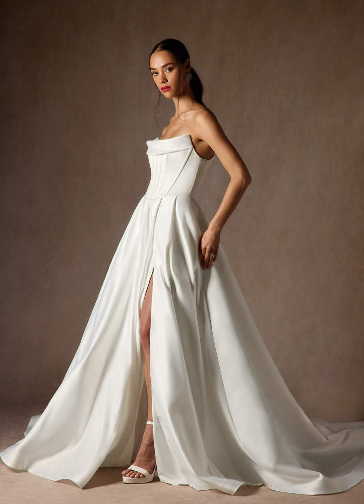 elyessen Katalina Diamond White Ball-Gown Strapless Satin Dress