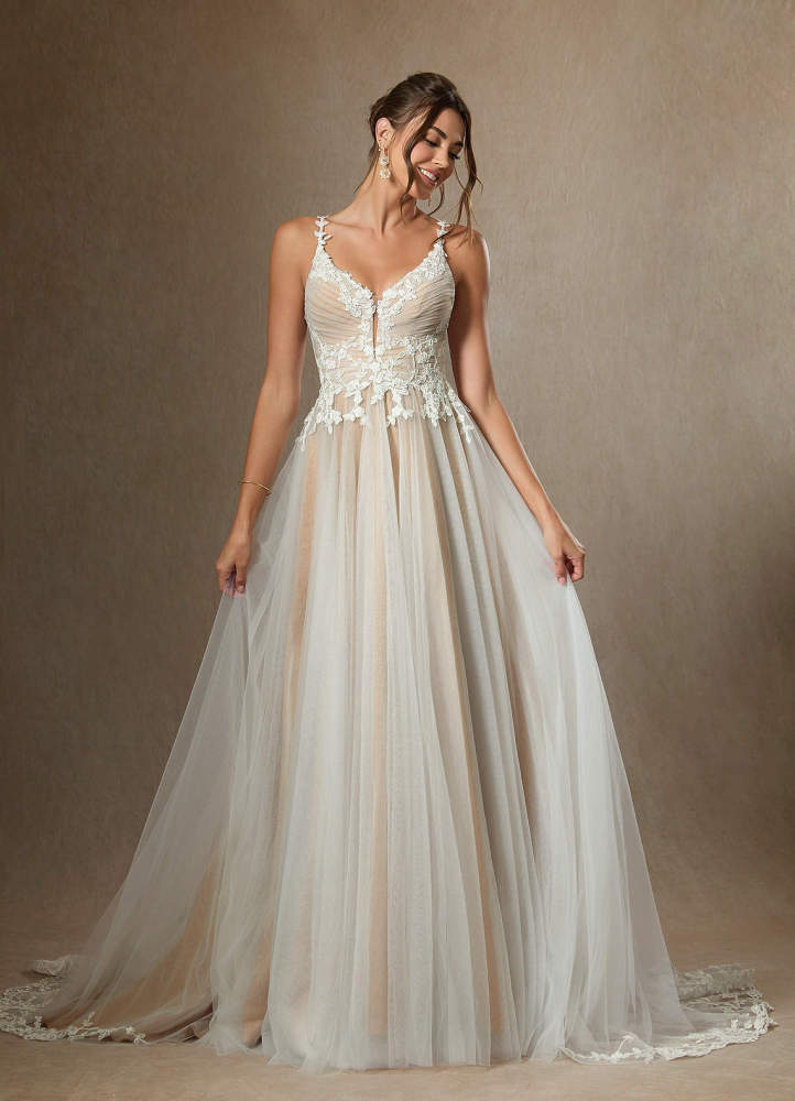 elyessen Free pannier Diamond White A-Line V-Neck Lace Tulle Dress