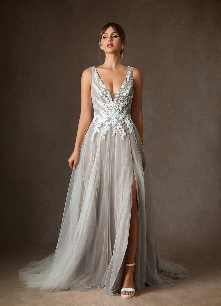elyessen Goddess Two-Piece Diamond White A-Line V-Neck Sequins Tulle Dress