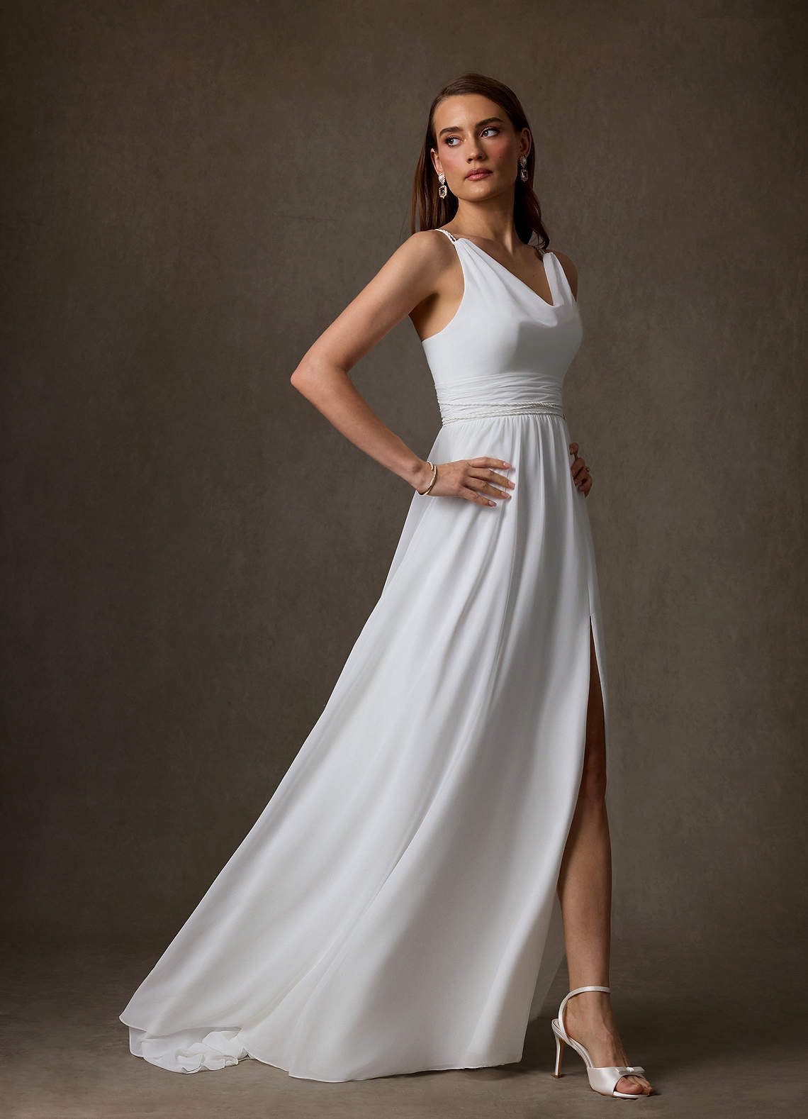 elyessen Neema Diamond White A-Line Side Slit Chiffon Dress