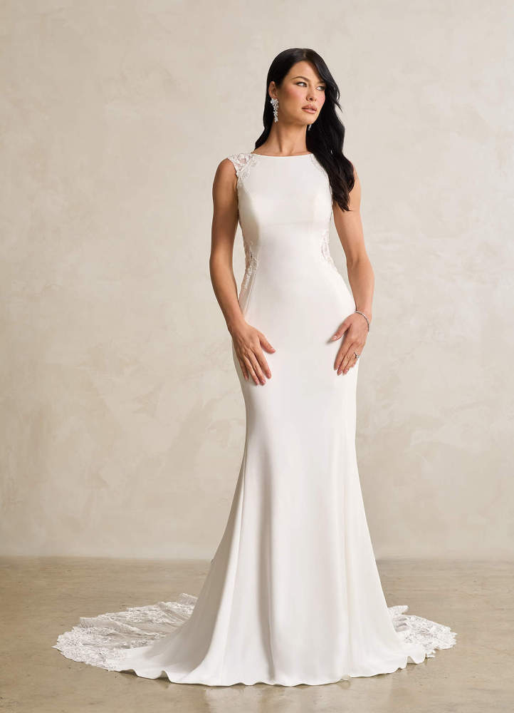 elyessen Bai Stretch Diamond White Mermaid Scoop Sequins Stretch Crepe Dress