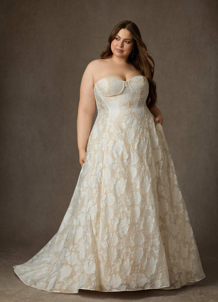 elyessen  Diamond White Ball-Gown Strapless Floral Burnout Jacquard Dress