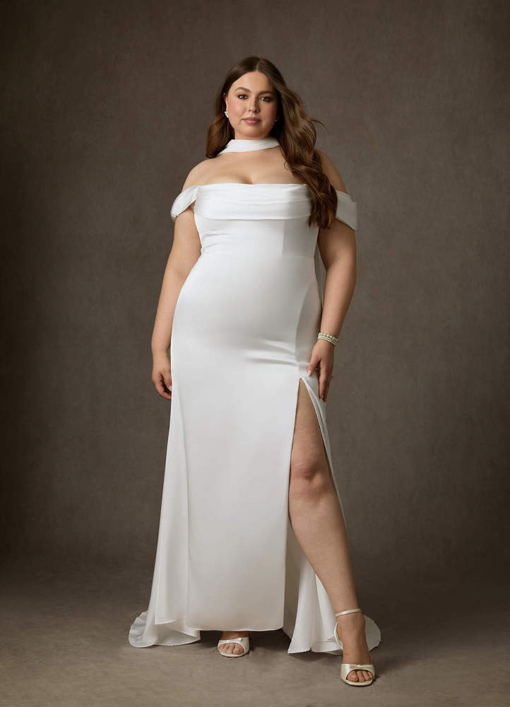 elyessen  Stretch Diamond White Sheath Side Slit Stretch Satin Dress