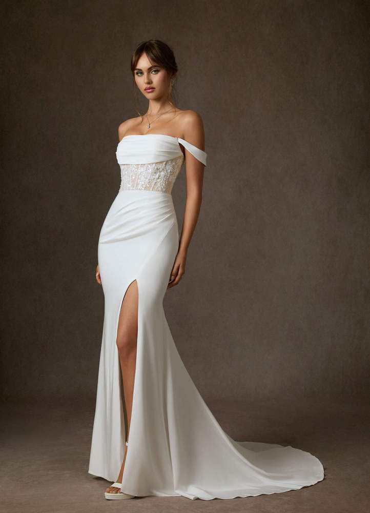 elyessen Alyce Diamond White Mermaid Off the Shoulder Crepe Back Satin Dress