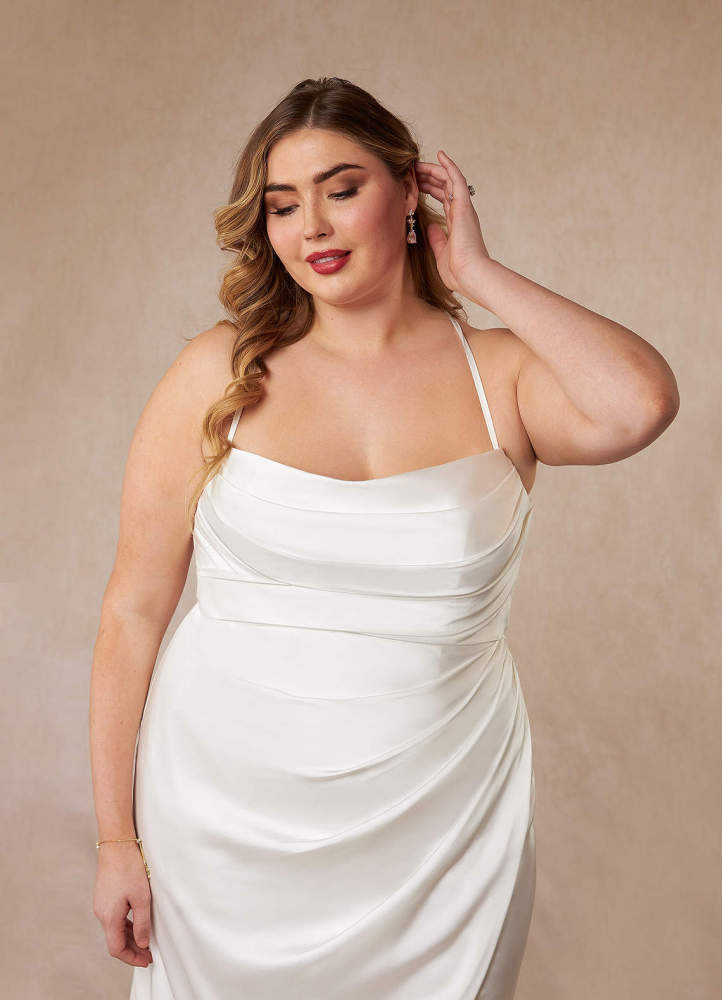 elyessen Kierra Stretch Diamond White Mermaid Pleated Stretch Satin Dress