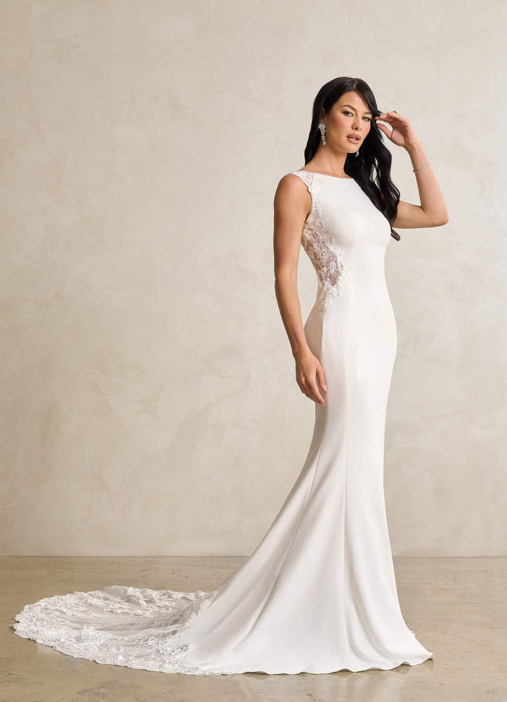 elyessen Bai Stretch Diamond White Mermaid Scoop Sequins Stretch Crepe Dress