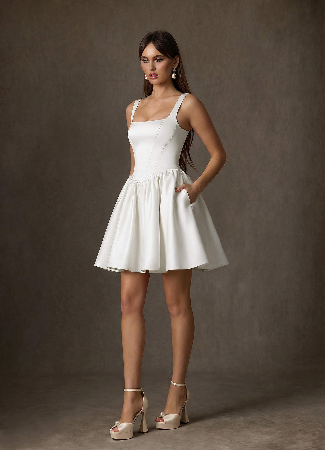 elyessen Saverina Diamond White A-Line with Pockets Satin Dress