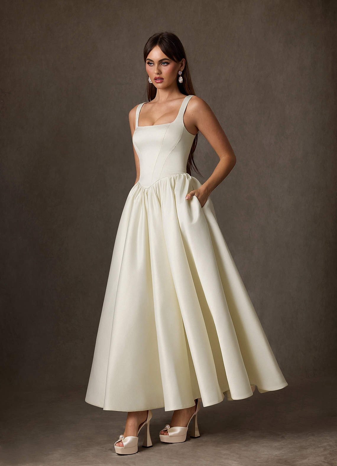 elyessen Verina Diamond White A-Line with Pockets Satin Dress