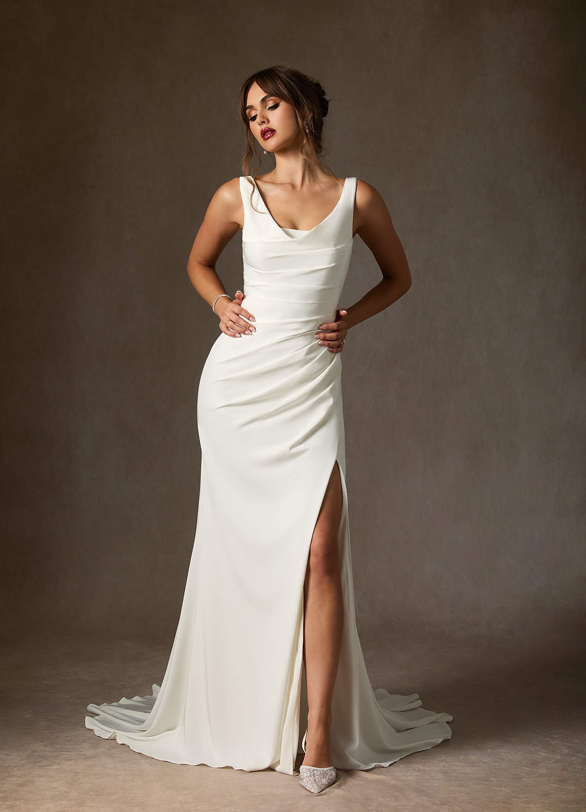elyessen Daira Diamond White Mermaid Scoop Pleated Crepe Back Satin Dress