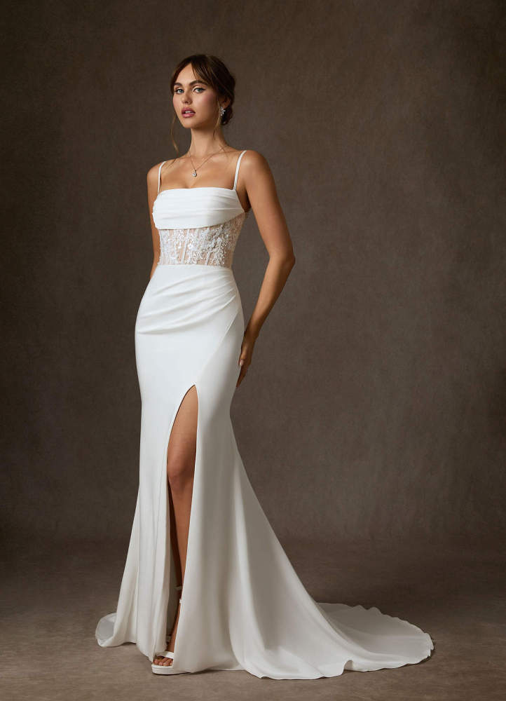 elyessen  Diamond White Mermaid Off the Shoulder Crepe Back Satin Dress