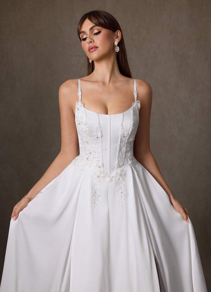 elyessen Sariah Stretch Diamond White A-Line Lace Stretch Satin Dress