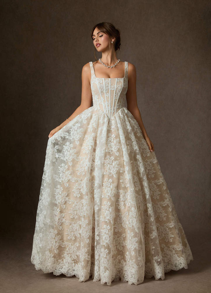 elyessen Geneva Diamond White Ball-Gown Square Neckline Lace Dress