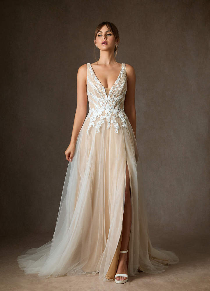 elyessen Goddess Two-Piece Diamond White A-Line V-Neck Sequins Tulle Dress