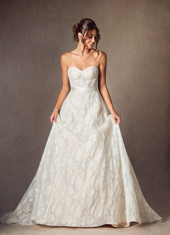 elyessen  Diamond White Ball-Gown Strapless Floral Burnout Jacquard Dress