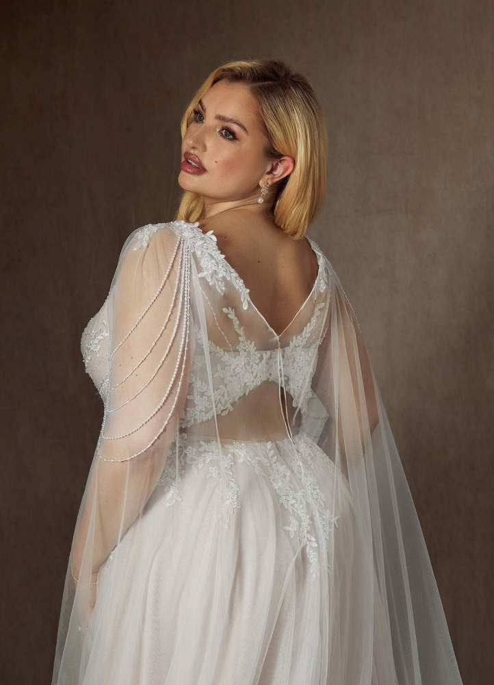 elyessen Goddess Two-Piece Diamond White A-Line V-Neck Sequins Tulle Dress