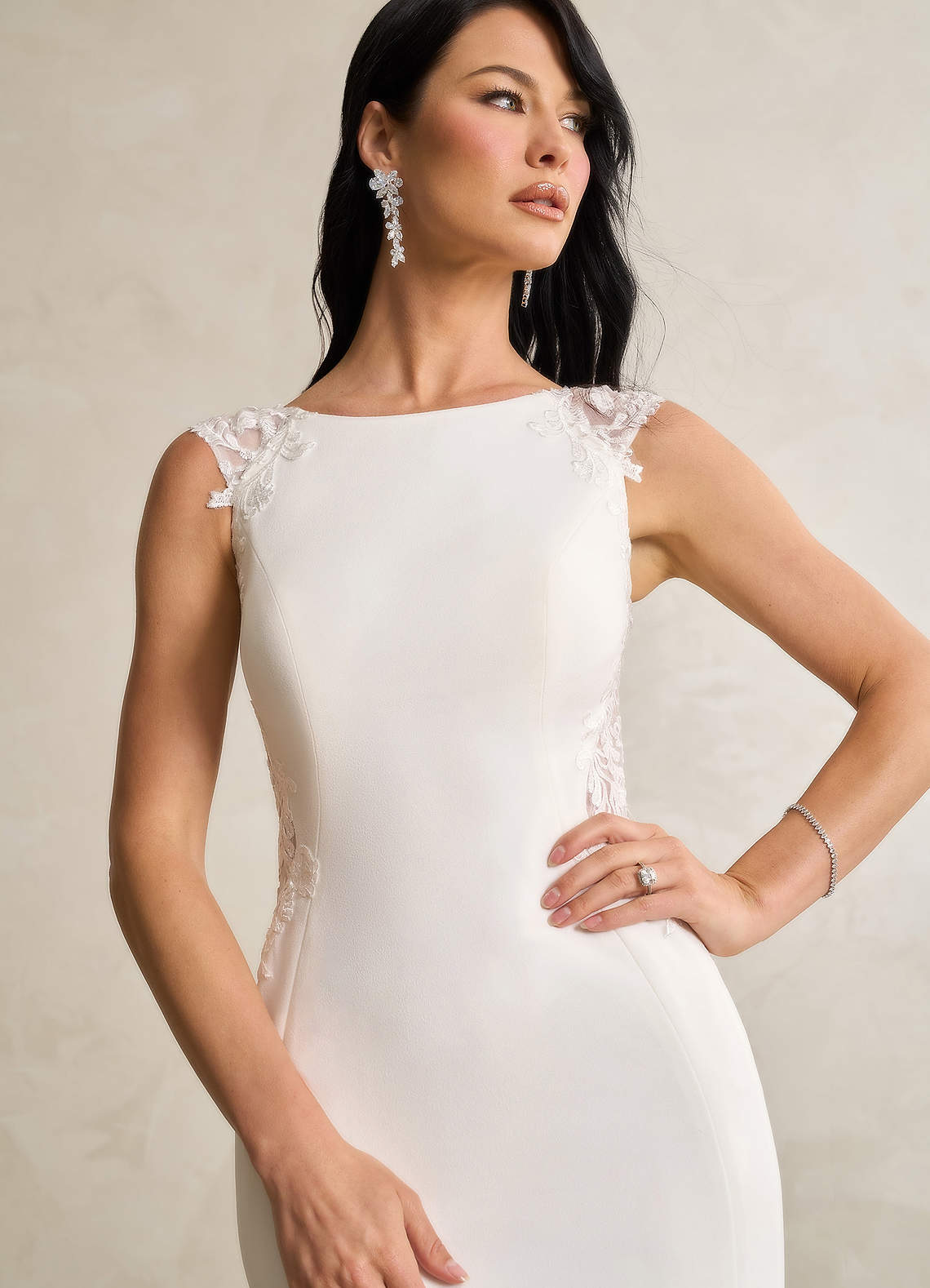 elyessen Bai Stretch Diamond White Mermaid Scoop Sequins Stretch Crepe Dress