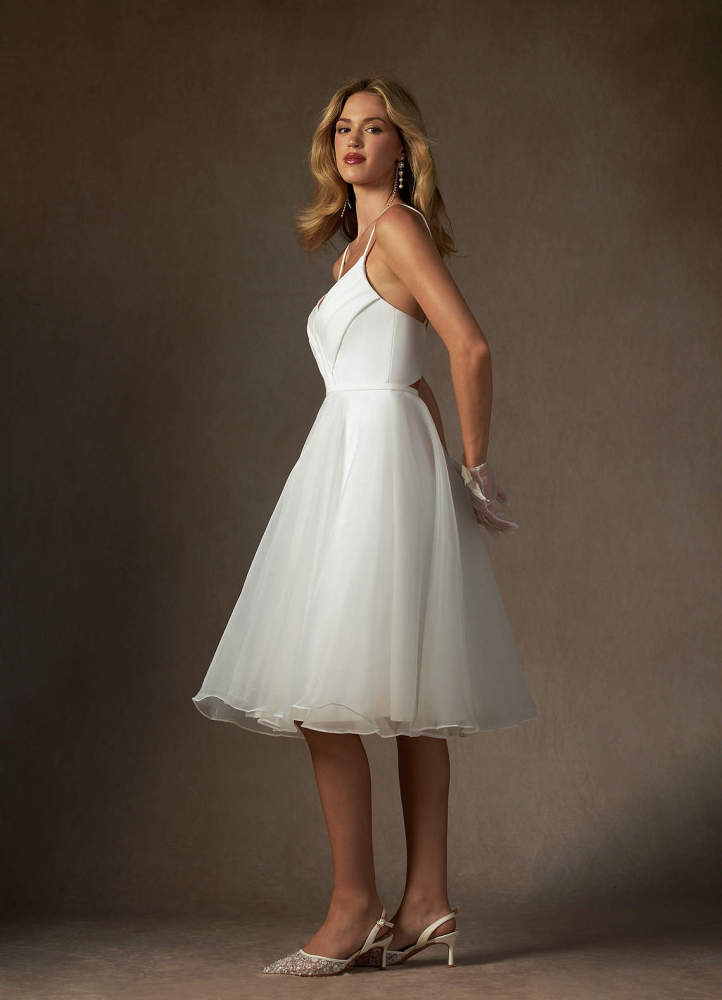 elyessen Ardea Stretch Diamond White A-Line V-Neck Pleated Stretch Crepe Dress