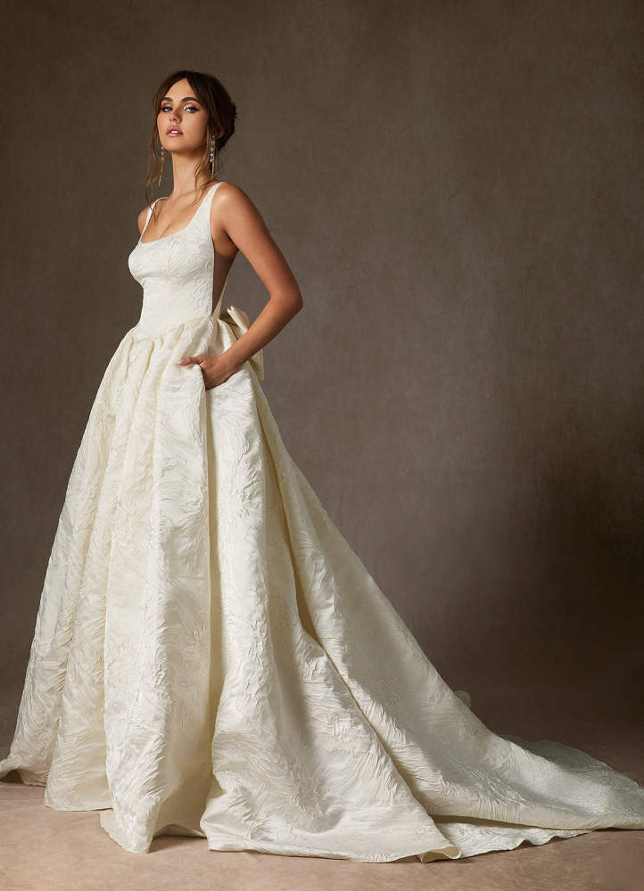 elyessen  Diamond White Ball-Gown with Pockets Floral Jacquard Dress