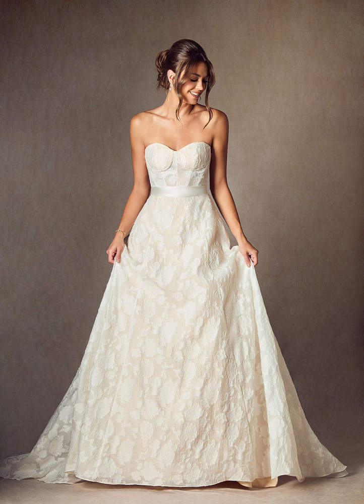 elyessen  Diamond White Ball-Gown Strapless Floral Burnout Jacquard Dress