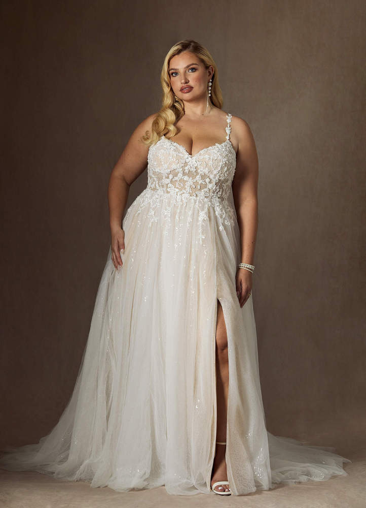 elyessen  Diamond White Champagne A-Line V-Neck Sequins Tulle Dress