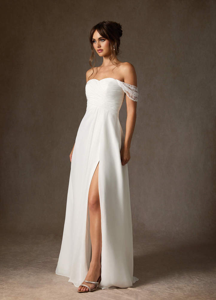 elyessen Zadie Diamond White A-Line Off the Shoulder Chiffon Dress