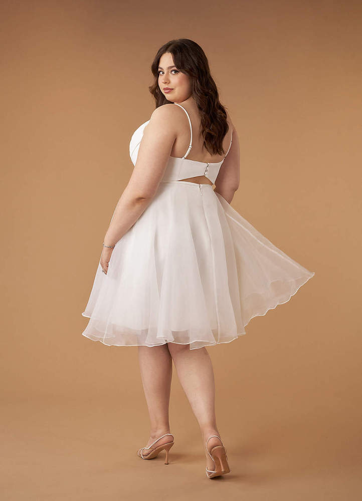 elyessen Ardea Stretch Diamond White A-Line V-Neck Pleated Stretch Crepe Dress