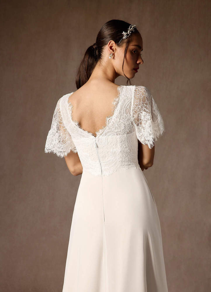 elyessen Diamond White A-Line V-Neck lace Chiffon Dress