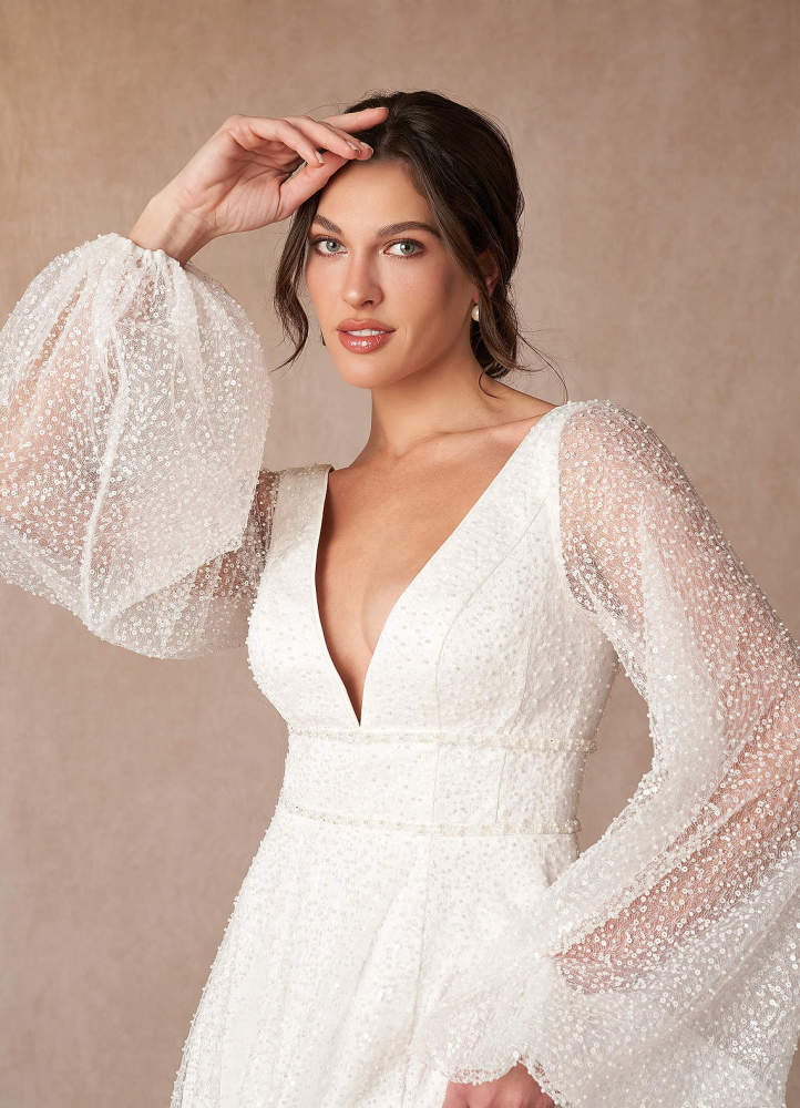 elyessen Gaia Stretch Diamond White A-Line V-Neck Beading Dress