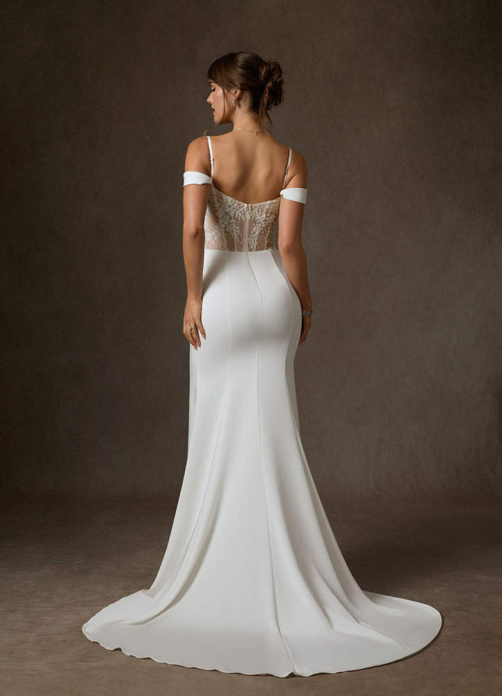 elyessen  Diamond White Mermaid Off the Shoulder Crepe Back Satin Dress