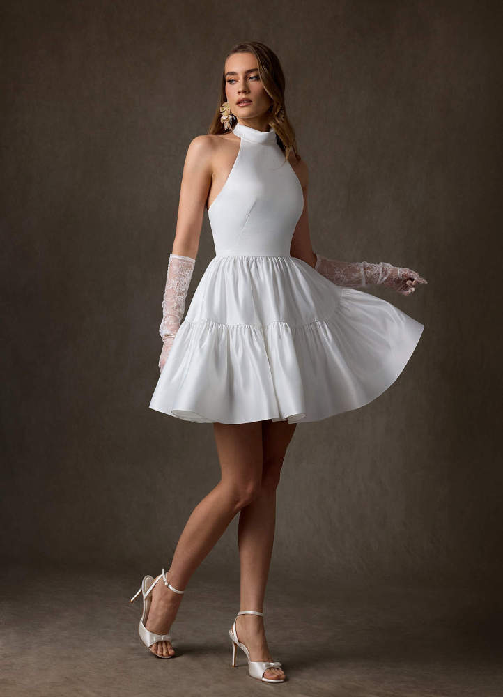 elyessen Malini Diamond White A-Line High Neck Satin Dress
