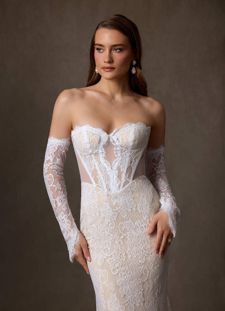 elyessen Diamond White Sheath Strapless Lace Dress