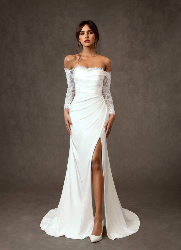 elyessen Onyx Diamond White Mermaid Sequins Crepe Back Satin Dress