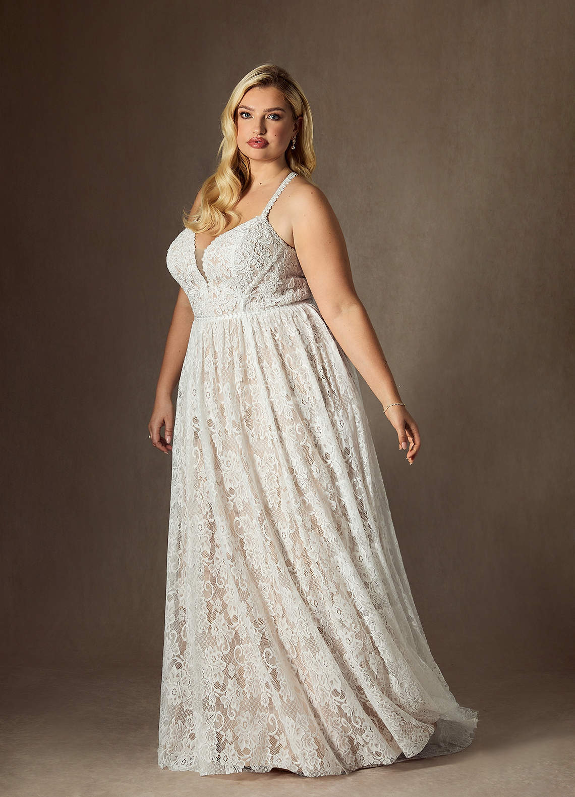 elyessen  Diamond White Champagne A-Line Lace Dress