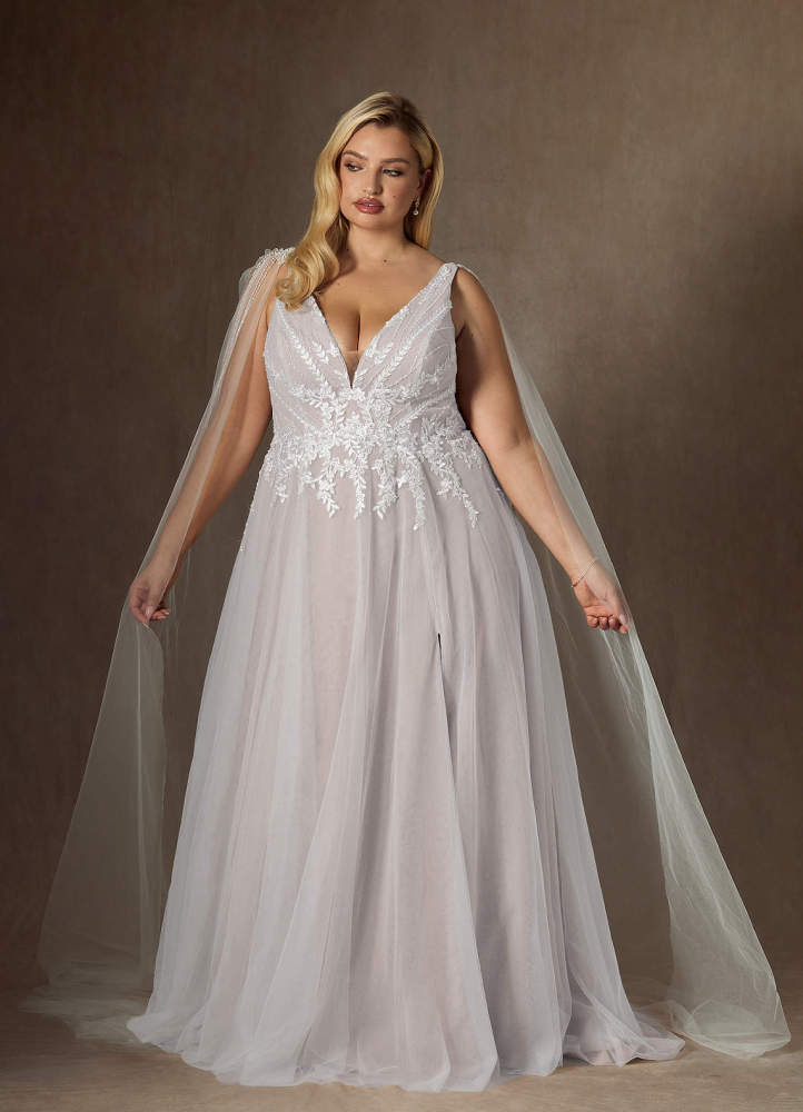 elyessen Goddess Two-Piece Diamond White A-Line V-Neck Sequins Tulle Dress