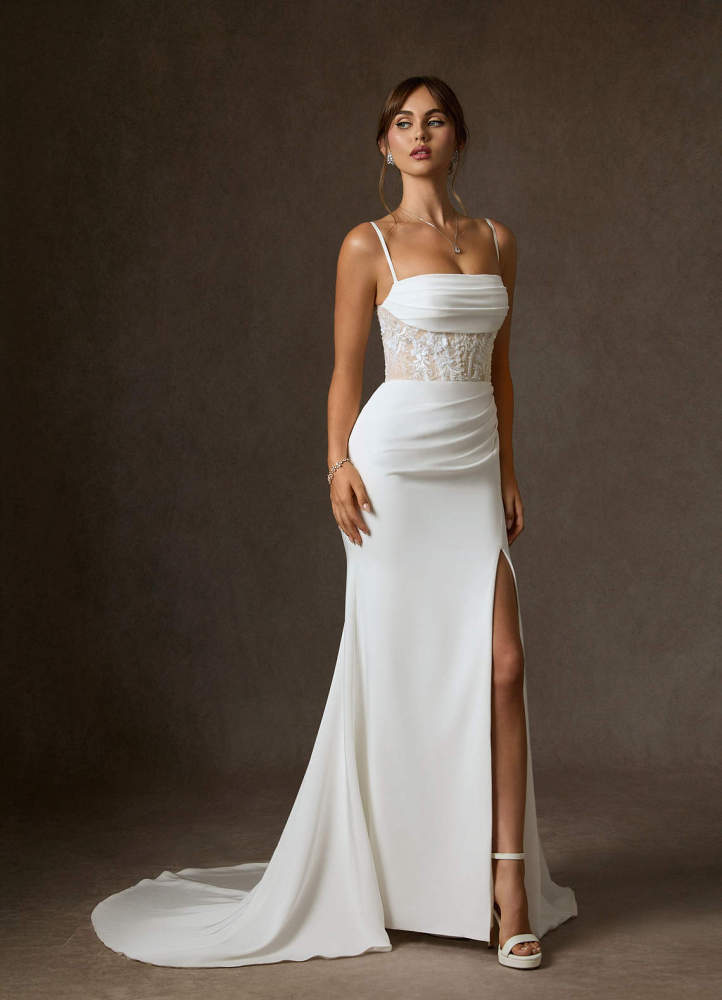 elyessen  Diamond White Mermaid Off the Shoulder Crepe Back Satin Dress