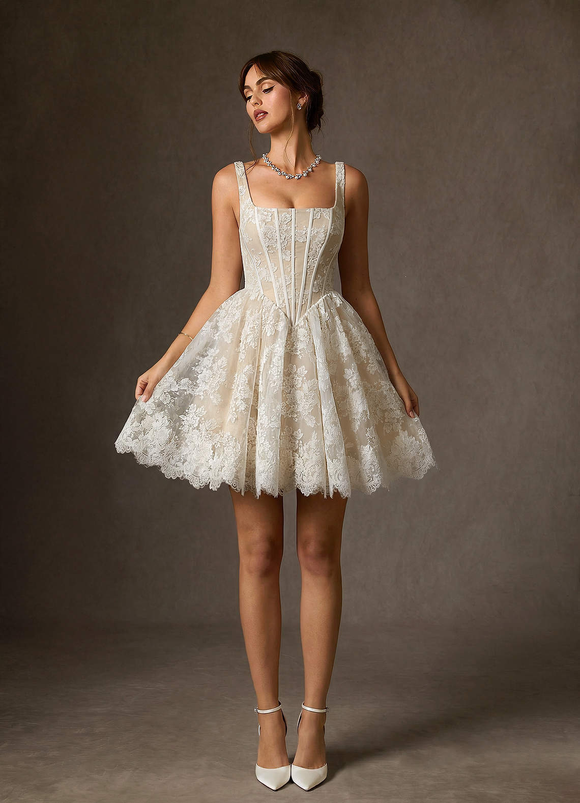 elyessen Nolicia Diamond White Ball-Gown Square Neckline Lace Dress