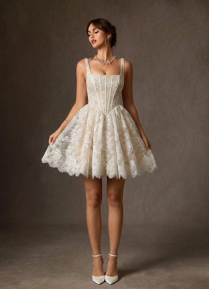 elyessen Nolicia Diamond White Ball-Gown Square Neckline Lace Dress